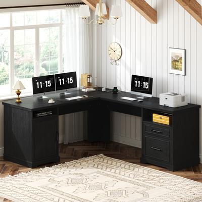 Rackcog Farmhouse L Shaped Desk with Charging Station, Office Computer Table with File Cabinet
