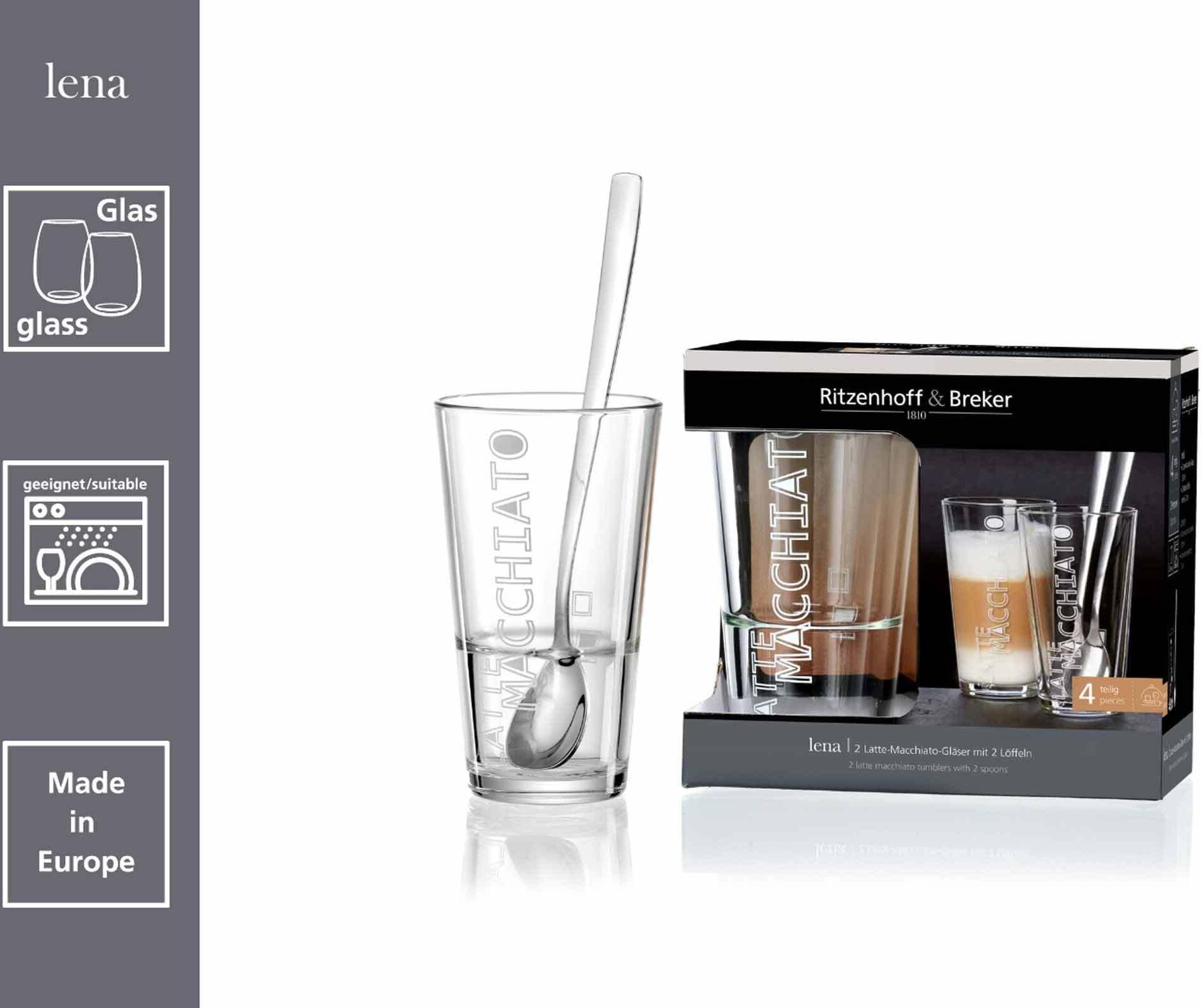 Latte-Macchiato-Glas RITZENHOFF & BREKER "Latte Macchiato Gläser + Löffel Lena 350 ml 12er Set transparent", bunt (transparent), Glas, Trinkgefäße, Latte-Macchiato-Glas