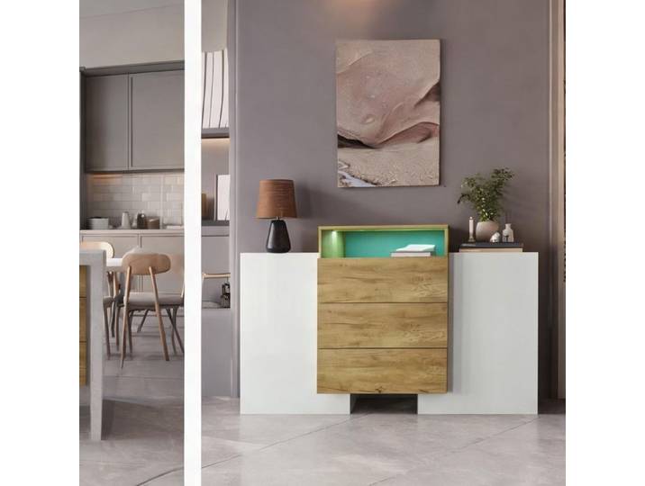 Buffet 140 cm design contemporain Blanc brillant et bois naturel MDF avec LED
