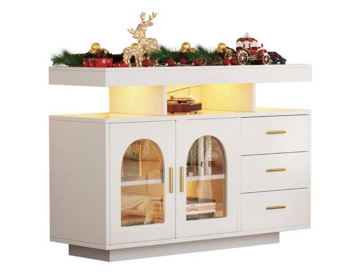 Buffet armoire de bar à café de 120 cm armoire à tiroirs buffet salon armoire de cuisine brillante avec lumières de 16 couleurs