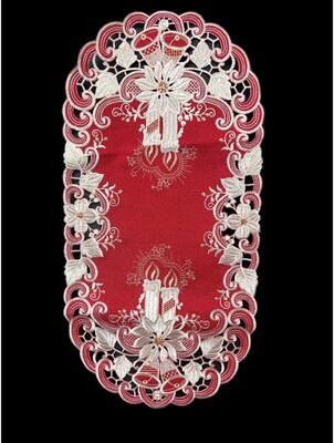 Jiallo Poinsettia Embroidered Cutwork Rectangular Table Runner, 15 by 34 inch