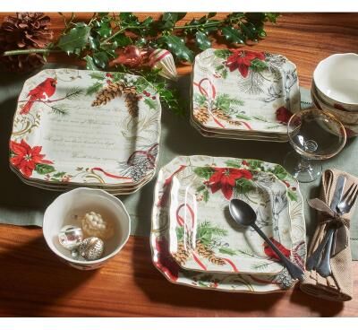 222 Fifth Holiday Wishes 12 Piece Dinnerware Set, Red
