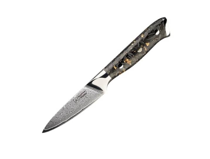 Tsume Schälmesser Carbon Gold, Klingenlänge 9cm, Echtes Damast Küchenmesser mit Karbonfasern und Blattgold, 67 Schichten VG10 Edelstahlkern mit Kunstharz Handgriff, Rasiermesserscharf