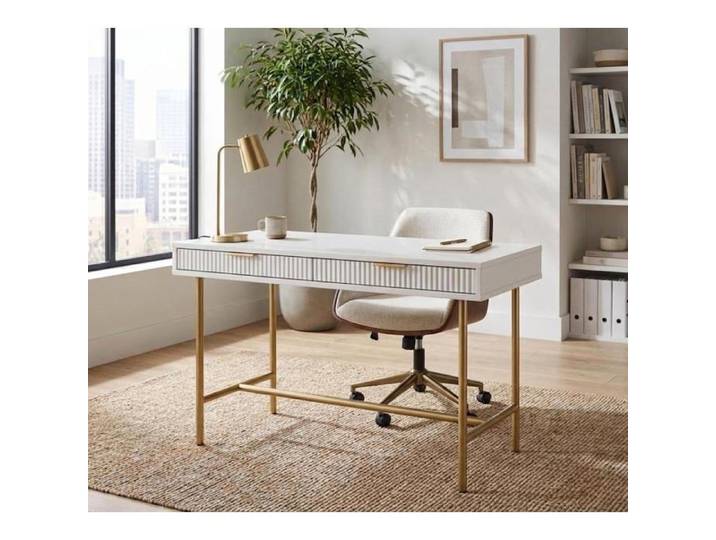 Bureau moderne blanc compact avec 2 tiroirs cadre métal robuste pour ordinateur coiffeuse ou console chambre bureau
