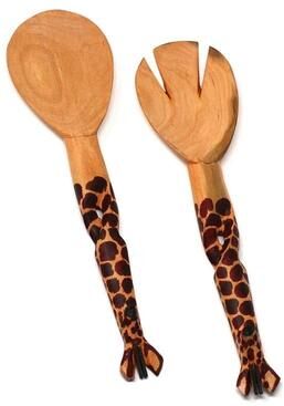 Global Crafts Hand-Carved Safari Animal Wooden Salad Serving Set