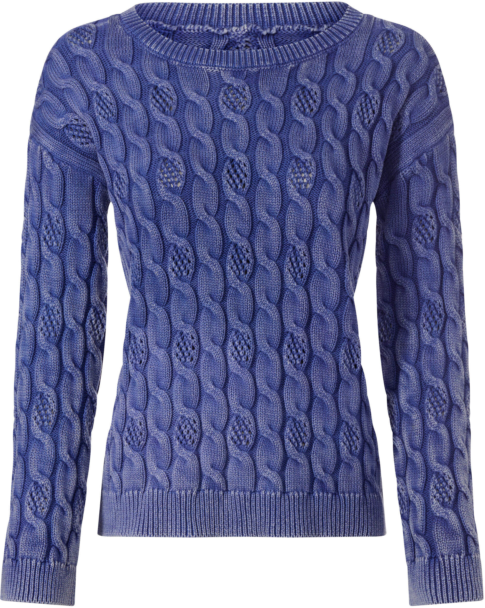 Strickpullover HEINE "Pullover Rundhalspullover mit Zopfmuster", Damen, Gr. 34, blau (jeansblau), Modisch, Rundhals, Pullover Strickpullover