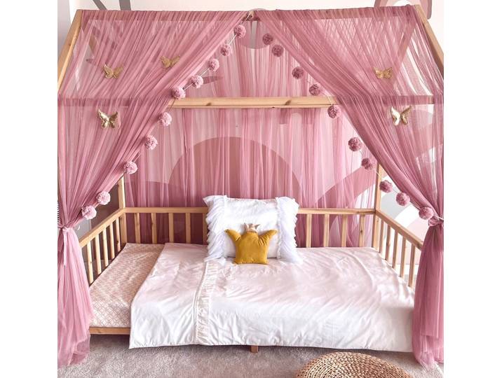 Baby Fancyroom Betthimmel Betthimmel Tüll Hausbett Kinderbett 2 Stück 340cm 380cm Montessori (3-tlg. Set mit 2x Betthimmel und einer 20er Pomponkette, Baldachin, Kinder Betthimmel Baldachin Himmel Deko Set), Betthimmel für Hausbett Montessori
