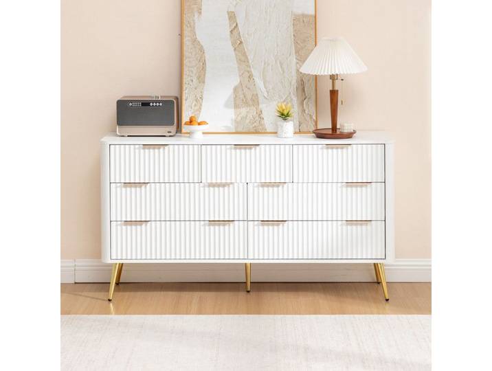Commode - Commode blanche à 7 tiroirs - MDF - 145 x 40 x 80 cm - Glissières à fermeture douce