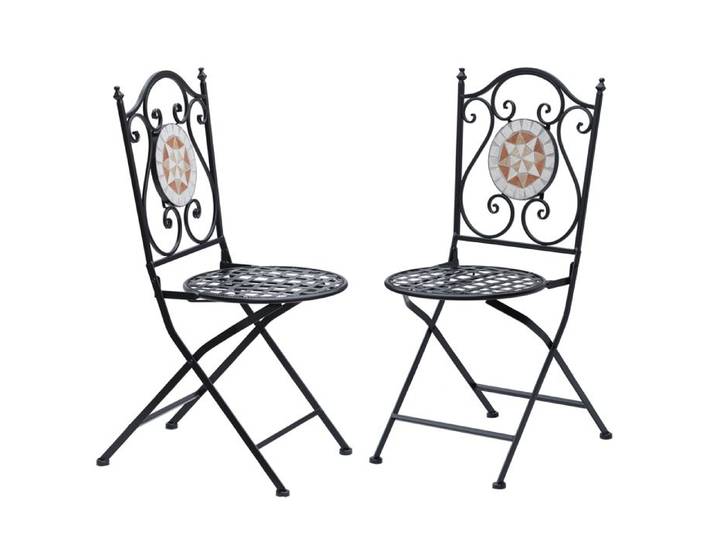 YWJ Lot 2 Chaises Pliantes Jardin Bistro Assise Mosaïque Métal 120kg 50x40x94.5cm Noir Terrasse