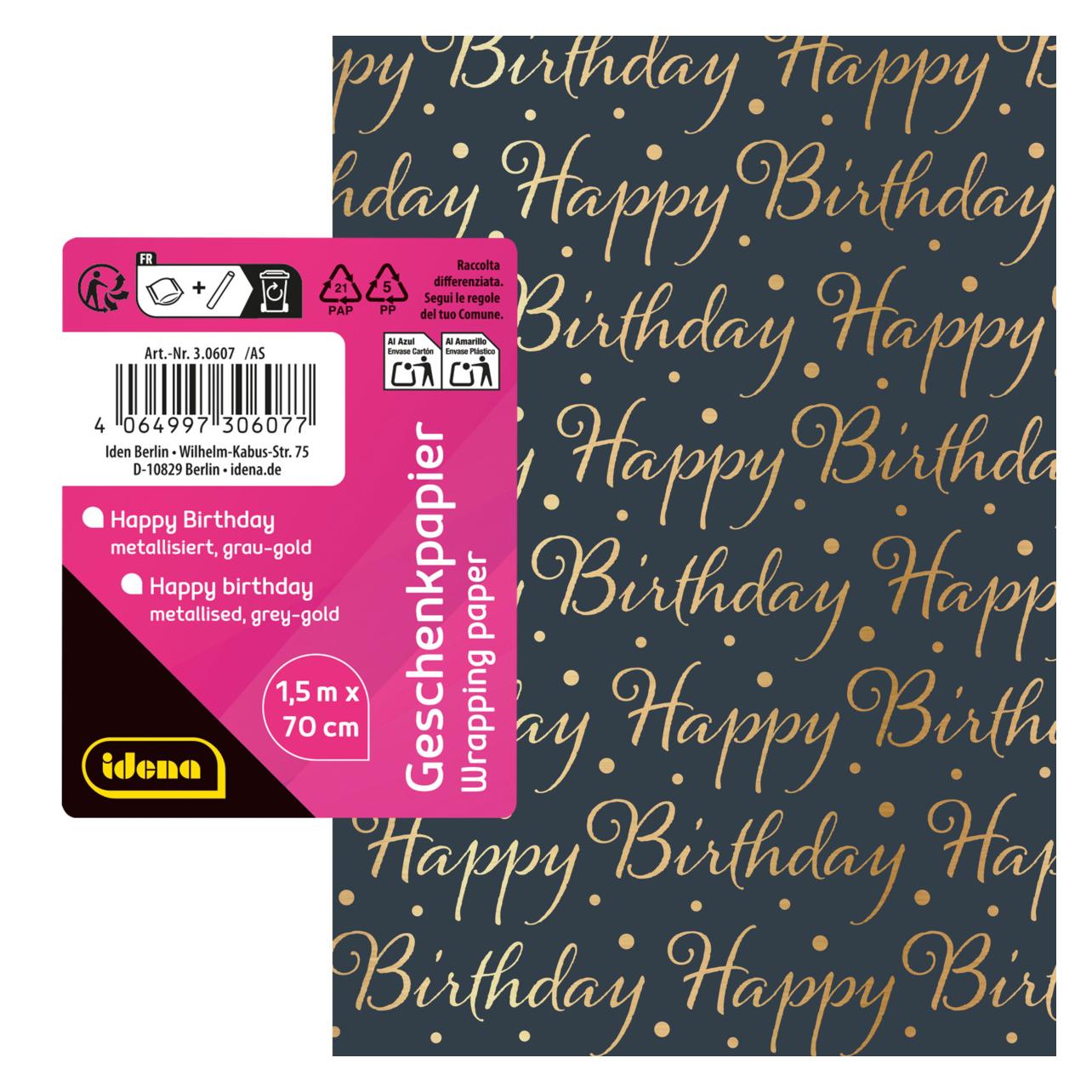 Idena Geschenkpapier Happy Birthday grau gold metallisiert 70cmx150cm (1x) (69094631)