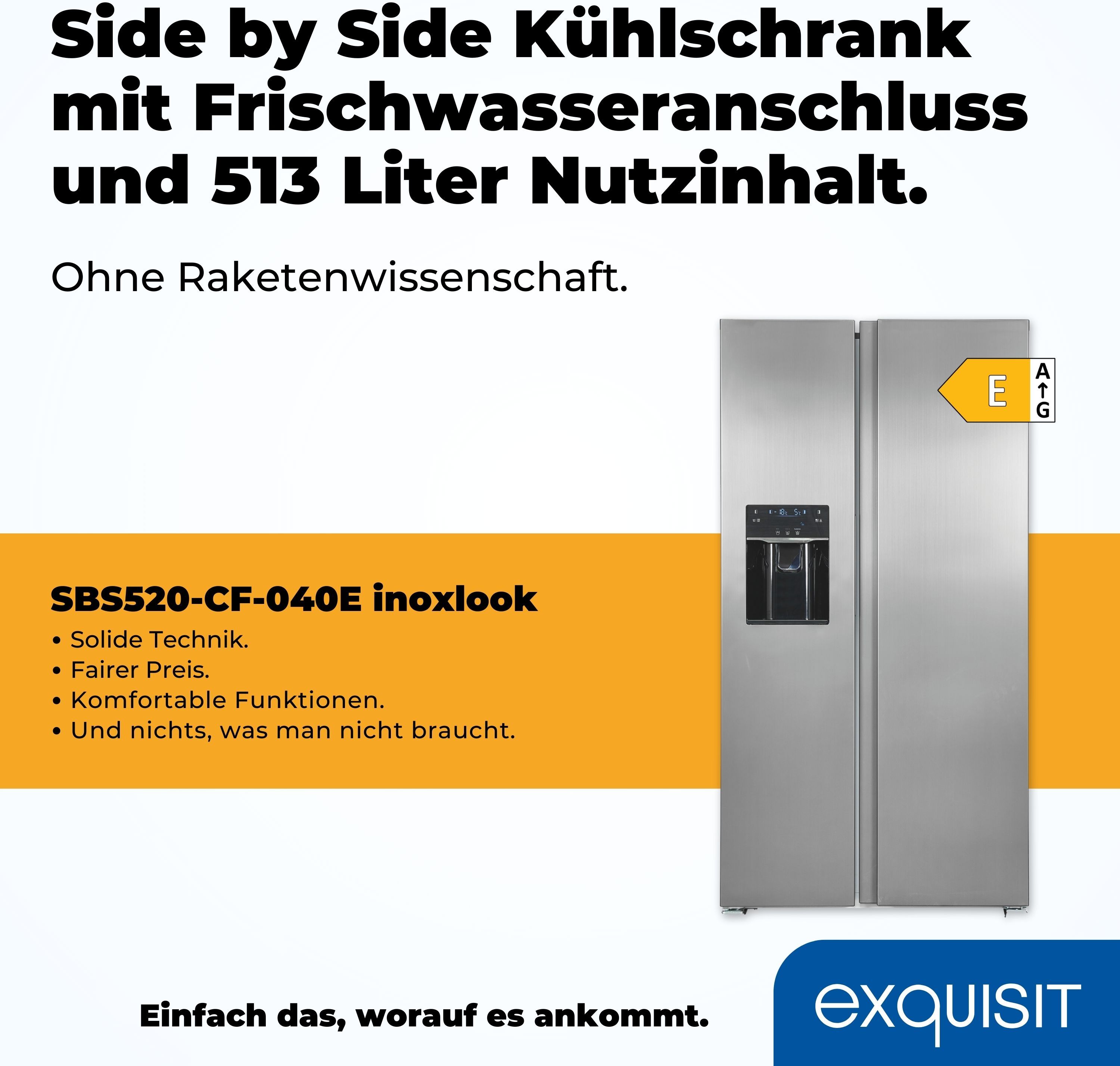 EXQUISIT Side-by-Side "SBS520-CF-040E", Energieeffizienz: E (A-G), silber (edelstahloptik), B:90cm H:177cm T:66cm, Kühlschränke