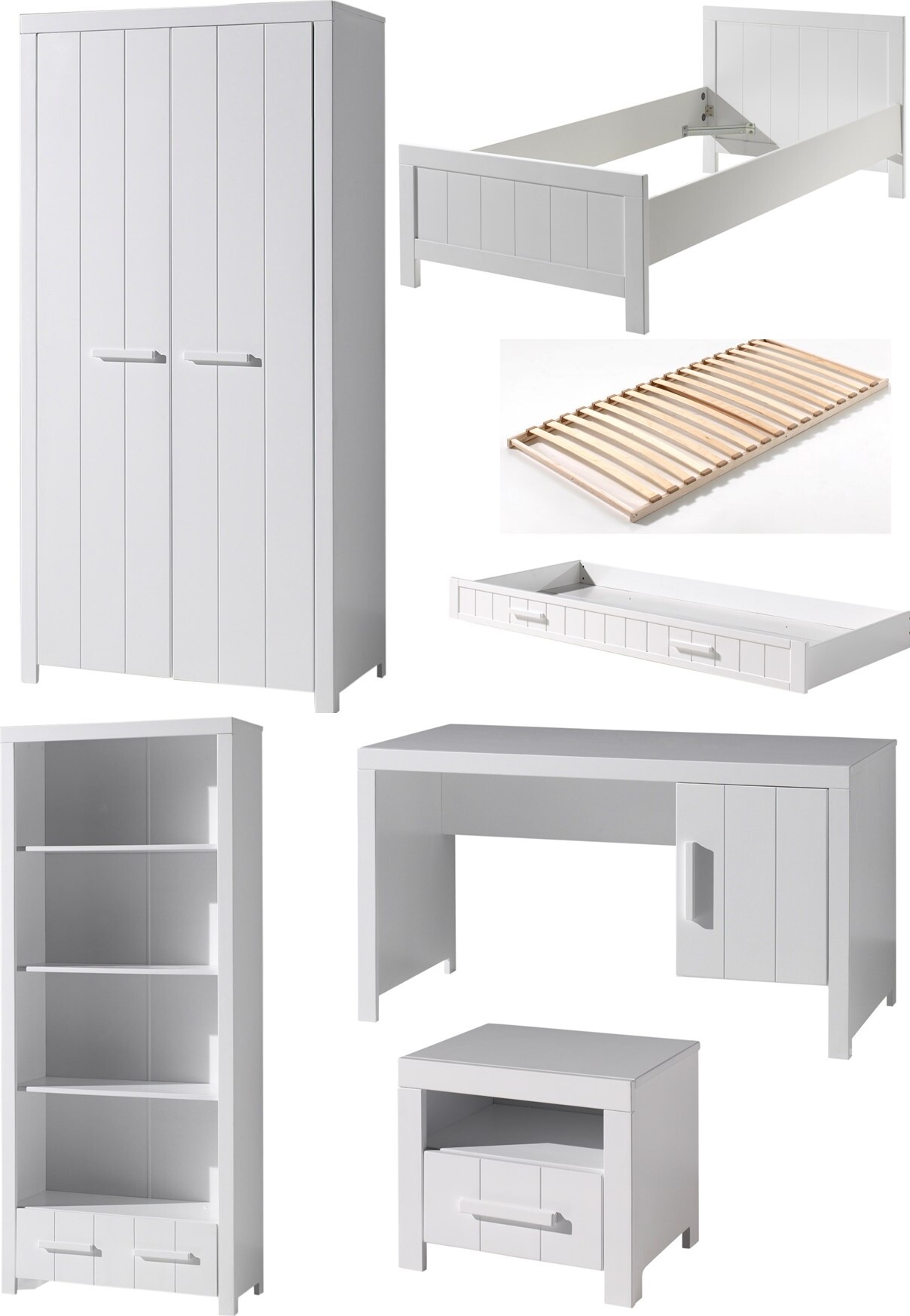 Diese ERIK-Kombination in Weiß besteht aus einem Bett (90x200) mit passendem Lattenrost, Rollbett, Nachttisch, 2-türigem Kleiderschrank, Schreibtisch und Bücherregal.