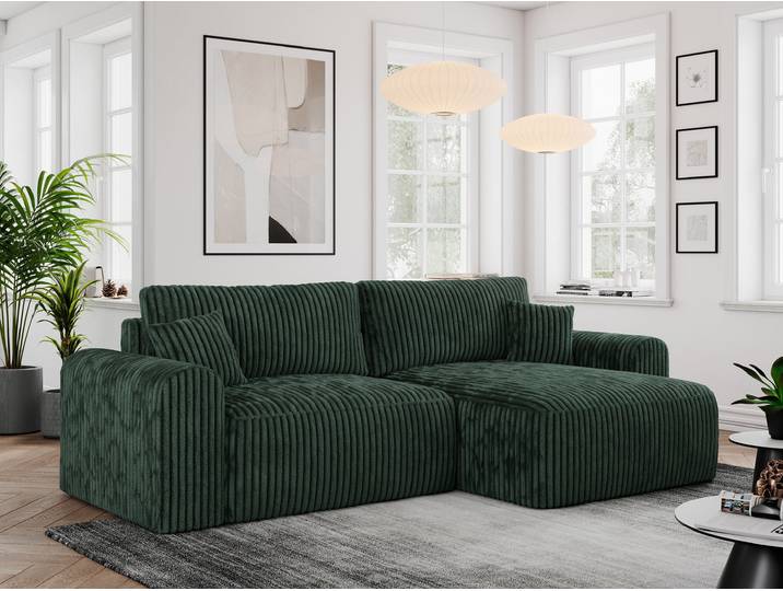 MKS MEBLE Cord Sofa L-Form, Ecksofa mit Schlaffunktion, Wohnlandschaft L-Form mit Kissen, Couch L-Form - Nelson - Grün Cord