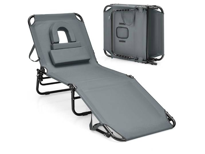 GIANTEX Chaise Longue Pliante Réglable à 5 Niveaux-Transat Bain de Soleil-3 Oreillers Amovibles+Trou pour Visage-pour Jardin-Gris