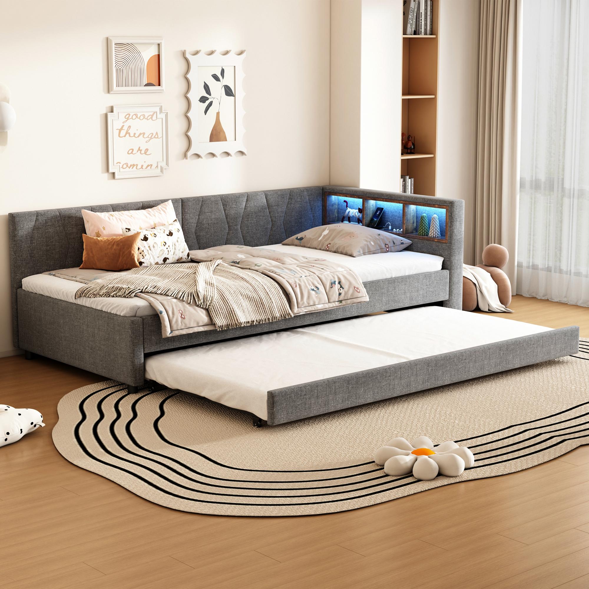 Daybett,90*200cm, Tagesbett, Schlafsofa, Ablagefach am Bett, USB+Typ C, Fernbedienung für LED-Umgebungslicht, Bett mit ausziehbarem Bett, Bett mit Lattenrost (ohne Matratze), Leinen, Grau