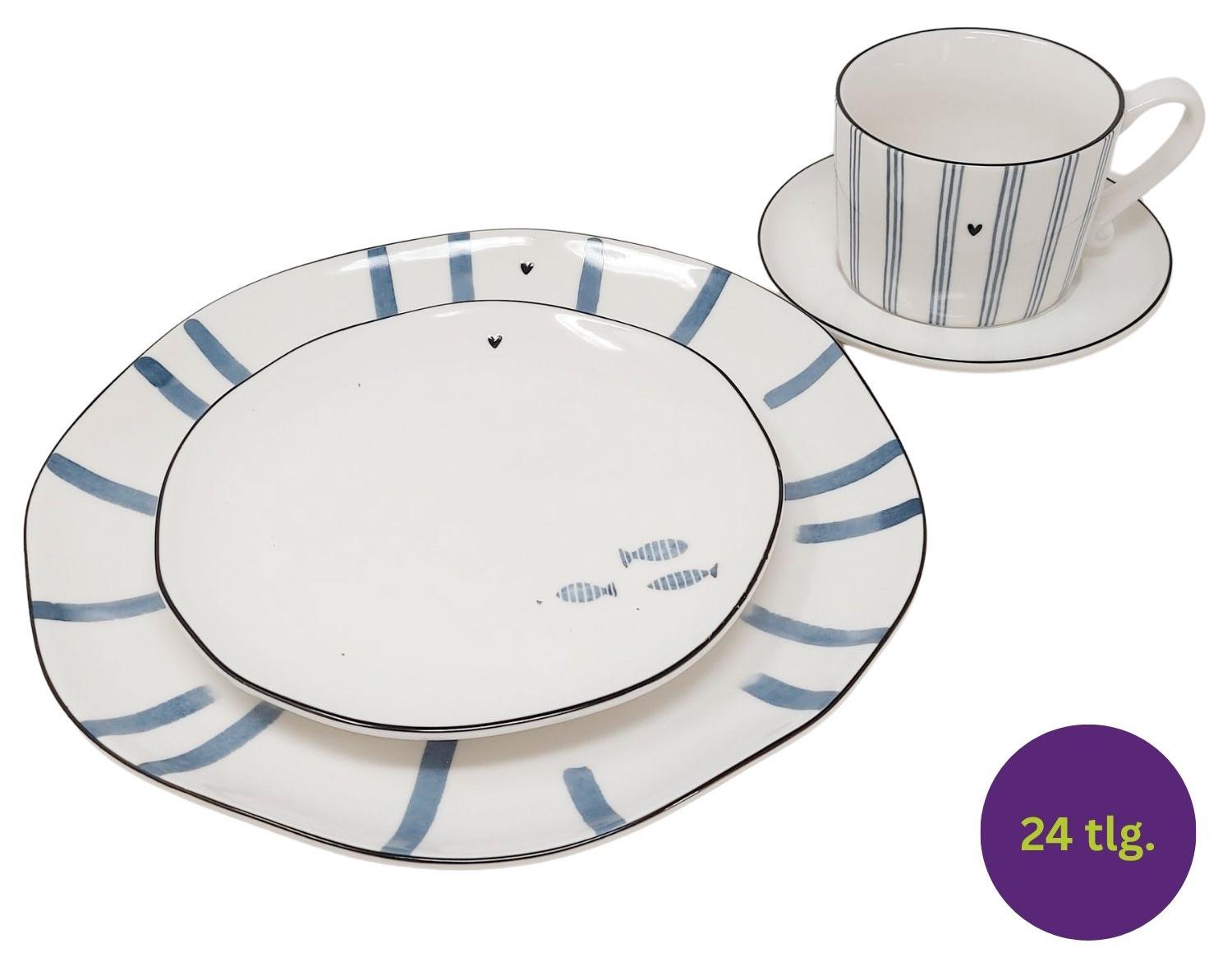 24tlg. Tafelservice Komiset Iris Blue Streifen + Fische Bastion Collections