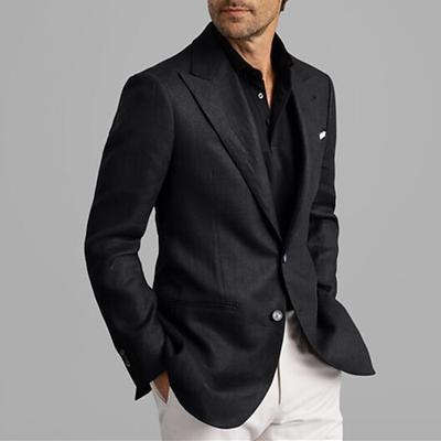 Herren Leinenblazer Sport Jacke Verschlusskragen Mode Lässig Einfarbig Schwarz Figurbetonter Schnitt Einreihig Zwei-Knöpfe