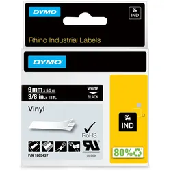 DYMO Rhino-Industrie-Vinyletiketten | 9 mm x 5,5 m | Weiß auf Schwarz | selbstklebendes Schriftband