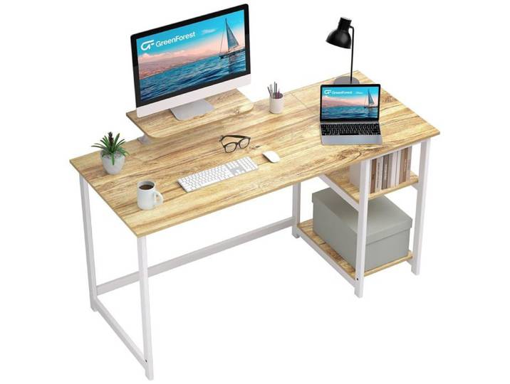 Bureau Gaming 140 cm avec Support Moniteur Étagères Réversibles Design Ergonomique Beige pour Télétravail et Ordinateur