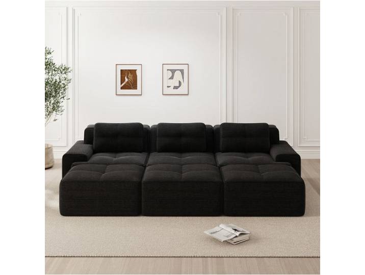 MEUBLIV Canapé modulable avec 3 poufs 293x177x69 cm velours noir