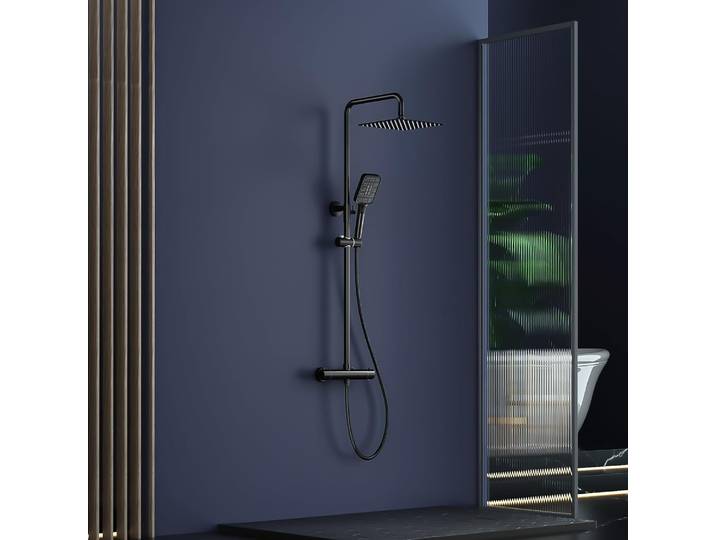 Système de douche thermostatique noir - Douche pluie angulaire 25x25 cm en acier inoxydable, ensemble complet de robinetterie de douche incl.
