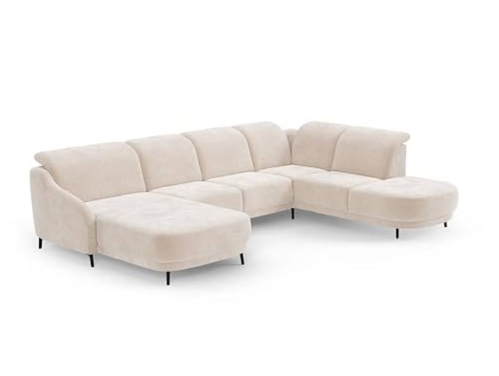 CAVADORE Wohnlandschaft Blue, Sofalandschaft mit Longchair im modernen Design, inkl. kopfteilverstellung, Vorziehsitz motorisch, Klapptisch, mattschwarzen Metallfüßen, Mikrofaser, Beige