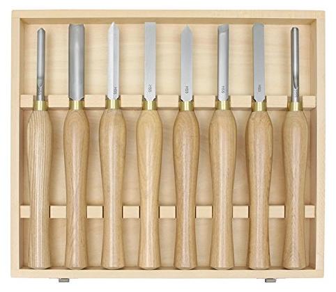 Draaiijzers, 8-teiliges Midi-Set - HSS-Stahl - Griff aus Hartholz - Für das Drechseln von Langholz und Querschnitten - In einer Holzkassette