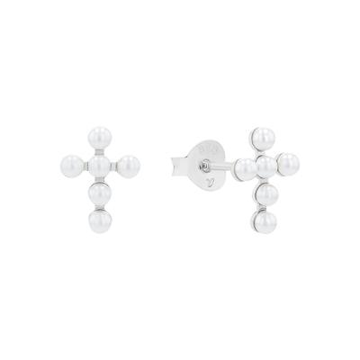 Paar Ohrstecker AMOR "Schmuck Geschenk, Kreuz", weiß (silberfarben, weiß), Ohrringe, Damen, 1,5mm, Silber 925 (Sterlingsilber), mit Wachsperle