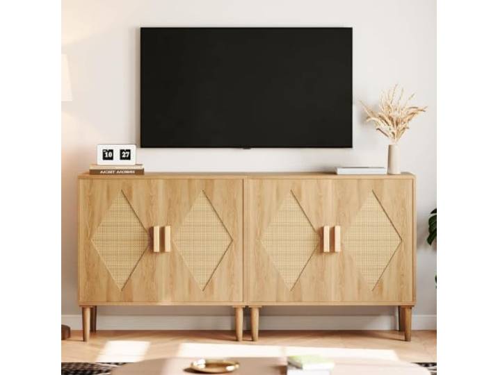 Acekool 2 Artikel Modernes Rattan Sideboard Für Esszimmer – Vielseitiger Buffet- Und Aufbewahrungsschrank Aus Holz, Verstellbare Einlegeböden, Geflochtene Türen, Für Küche, Wohnzimmer Oder Flur