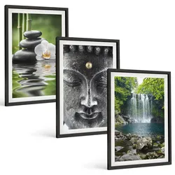 BILDER SET 3er Set - 40x60 cm Schwarzer Rahmen - Harmoniesteine Wasser Buddha