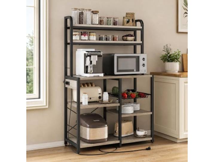 Bäckerregal mit Steckdose, 6 Etagen, Küchenregal mit Drahtkorb, Industriell Freistehend, offener Stauraum, Drahtkorb & Unterschrank, X-Rahmen Metall, für Küche Esszimmer Kaffeebar