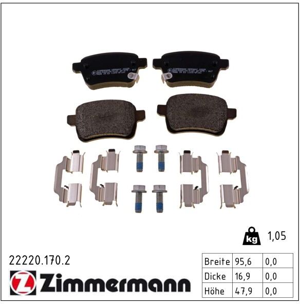 Zimmermann Bremsbelagsatz, Scheibenbremse 222201702 Hinterachse Für Opel Fiat Gm