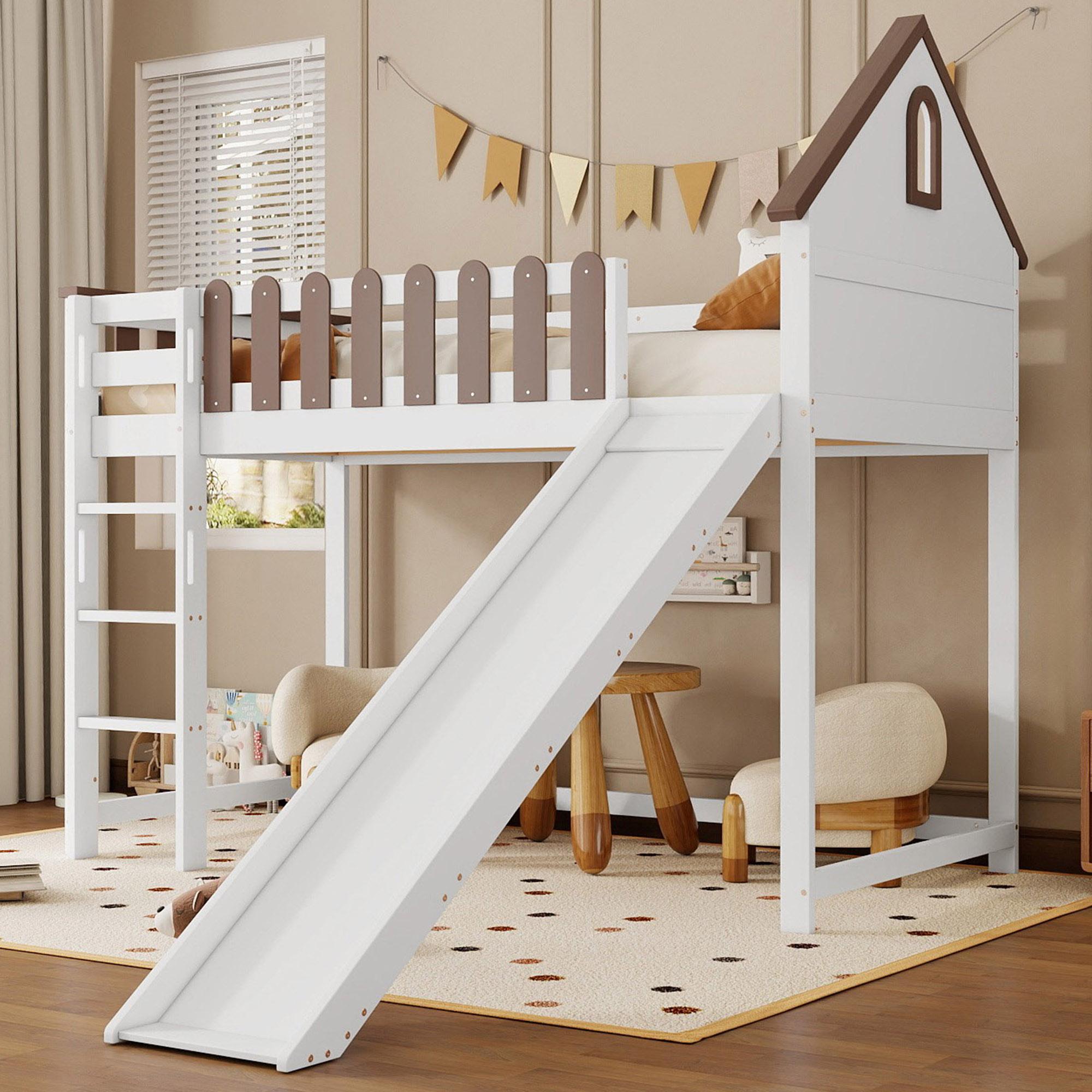 Hochbett 90×200cm (Kiefer + MDF, weiß + Nussbaum): Dach + Fenster, 3-stufige Leiter, Rutsche. (Kind/Jugendlicher)