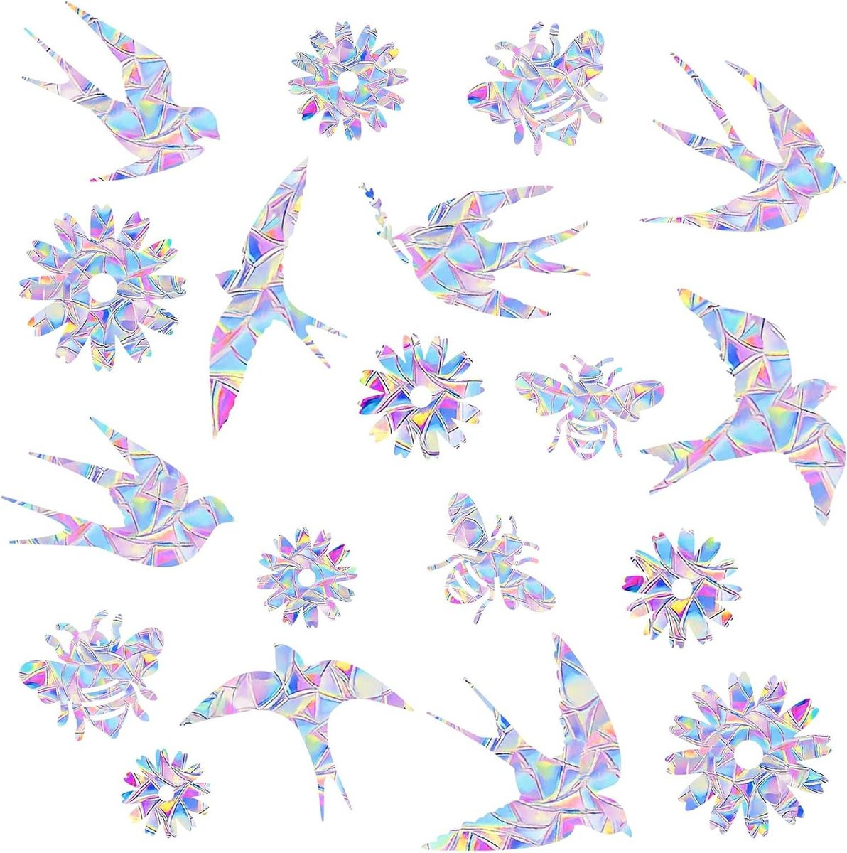 Raamstickers met vliegende vogels voor glasdecoratie, 38 stuks, regenboogkleuren