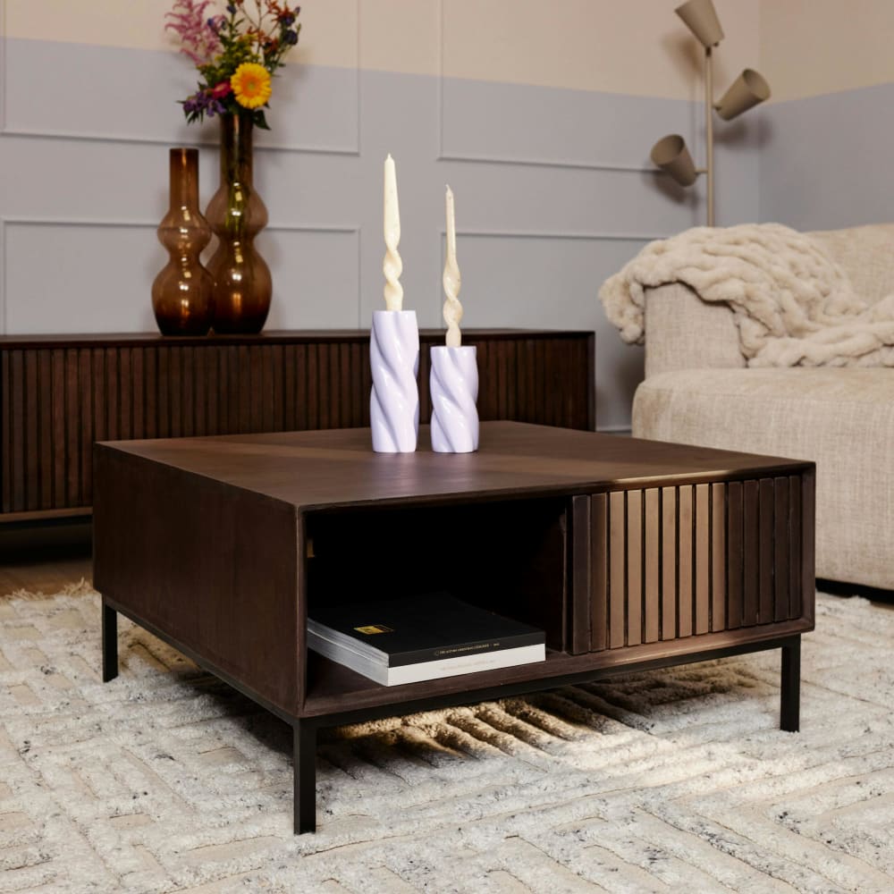 Pier import Table basse carrée vintage en bois rainuré Marron 80x40x80cm