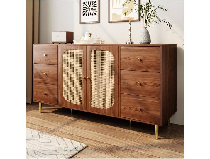 Buffet IVMEU 160 cm en MDF marron 6 tiroirs 2 portes en rotin meuble bas de rangement