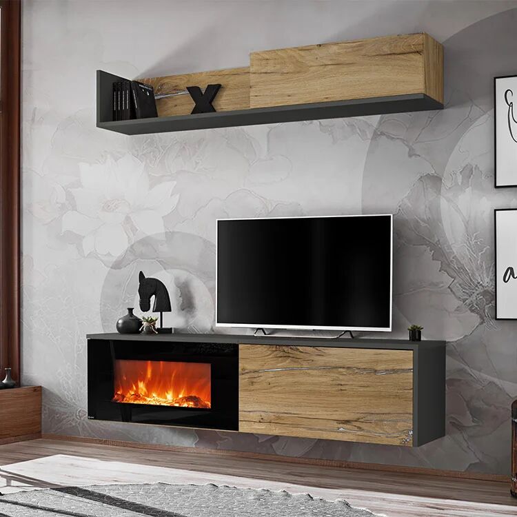 garneroarredamenti Parete attrezzata sospesa con caminetto elettrico 180x180h cm rovere antico antracite Botticelli