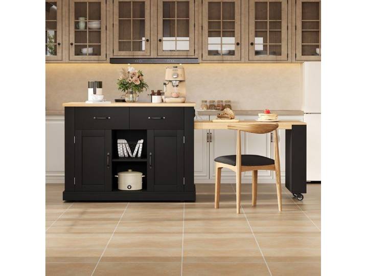 ROVRYN Îlot central mobile 132-235 x 70 x 90 cm avec table extensible prises et USB noir
