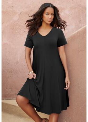 Plus Size Women's Plus Size Short Sleeve Sleeve Swing Dress by Roaman's in Black (Size 18/20) Stretch Jersey Short Sleeve V-Neck