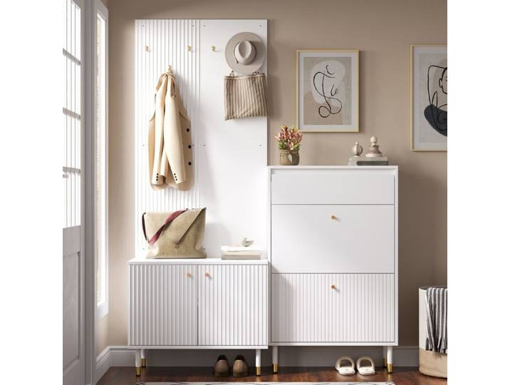 MEUBLIV Vestiaire d'entrée modulaire avec meuble à chaussures armoire de rangement 6 crochets blanc