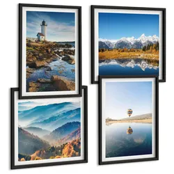 BILDER SET 4er Set - 50x50 cm & 40x60 cm Schwarzer Rahmen - Ausblicke auf die Natur, Leuchtturm, Berge