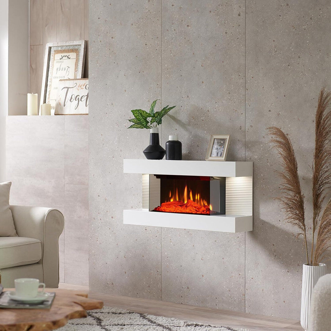 FLAMEKO Atacama Wall Mounted Fireplace All-in-One with Downlights and Remote Control 1.8kW Heater in White White 22cm H X 82cm W X 42cm D