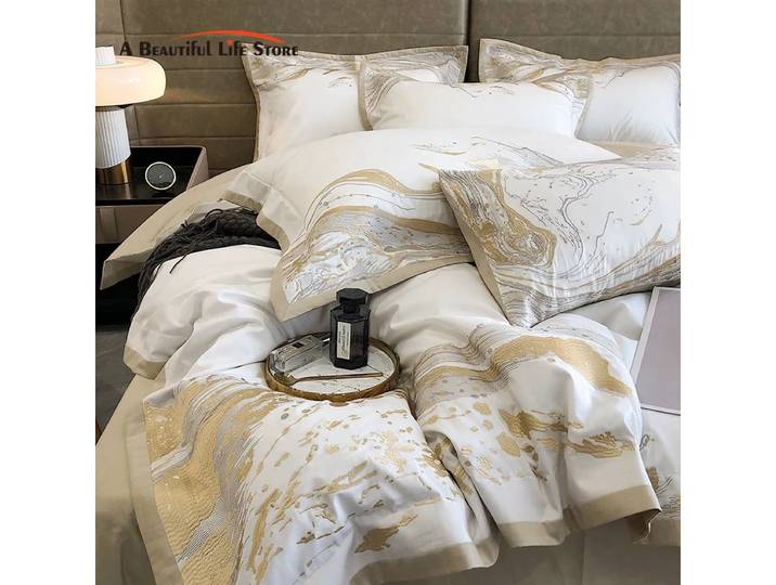 Ensemble de literie en coton égyptien brodé d'or, housse de couette de luxe, couvre-oreillers en lin, literie, art moderne, 100S