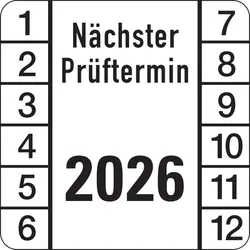 Prüfplakette ab 26, Nächster Prüftermin, Jahresfarben - Bogen = 10 Plaketten - 30 x 30 mm Folie selbstklebend