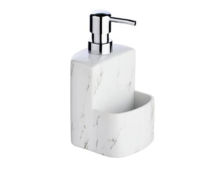 WENKO Distributeur liquide vaisselle\, distributeur liquide vaisselle porte éponge\, distributeur de savon liquide pour cuisine et salle de bain\, Festival\, effet marbre\, capacité de 380 ml\, 10x18x10 cm
