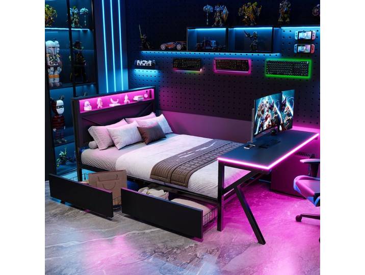 Lit gaming plateforme 140×200 cm en métal LED bureau intégré 2 tiroirs et - BEAUNIV - sans matelas noir