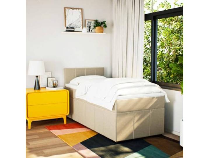 KTHLBRH Boxspringbett mit Matratze Creme 80 x 200 cm aus Stoff Taschenfederkernmatratze, verstellbares Kopfteil und Lattenrost, waschbarer Matratzenbezug