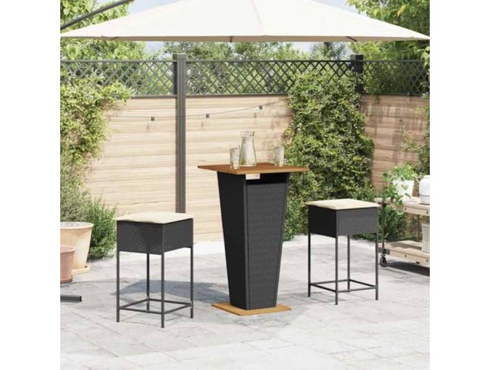 KTHLBRH Gartenbar Set 3-teilig mit Kissen aus Polyrattan schwarz Sessel mit gepolstertem Kissen, Tisch aus Akazie, lackierter Stahl, wetterfest