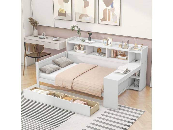 Lit Enfant Multifonction - Merax - 90x200 cm - Bureau Ordinateur - Tiroirs - Prises USB - étagères