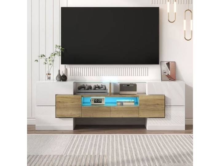 Lemonbest Meuble TV blanc 145 cm Meuble tv LED avec Rangement Surface en verre élégante design moderne Blanc et boi SOUS MEUBLE